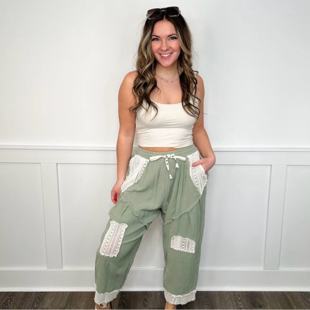 POL Mint Green Lace Accent Wide Leg Pants